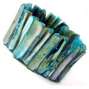 Blue Mother of Pearl Rustic Beach Resort Pool Sea Shell MOP Stretch Bracelet